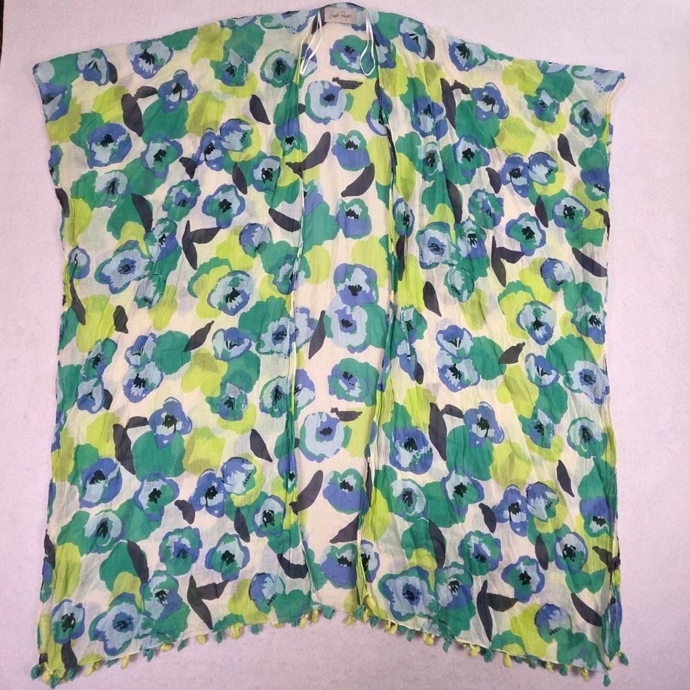 Charlie Paige Women OS Kimono Wrap Green Blue Floral Tassel Trim Fair Boho